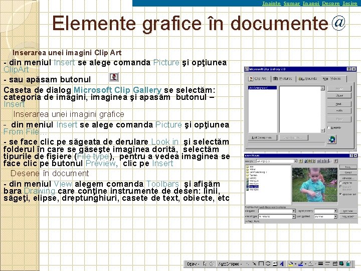 Inainte Sumar Inapoi Despre Iesire Elemente grafice în documente @ Inserarea unei imagini Clip