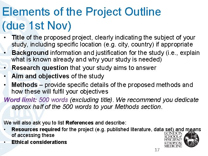 Elements of the Project Outline (due 1 st Nov) • Title of the proposed