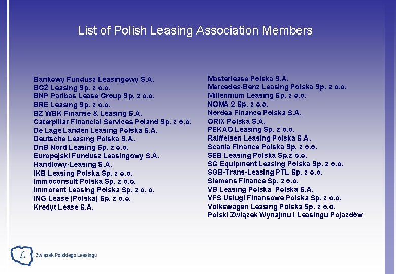 List of Polish Leasing Association Members Bankowy Fundusz Leasingowy S. A. BGŻ Leasing Sp.