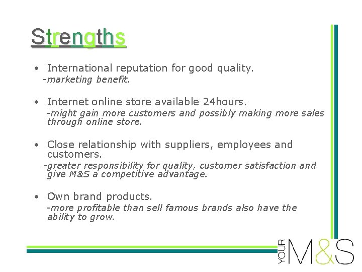 S t re n g t h s • International reputation for good quality.