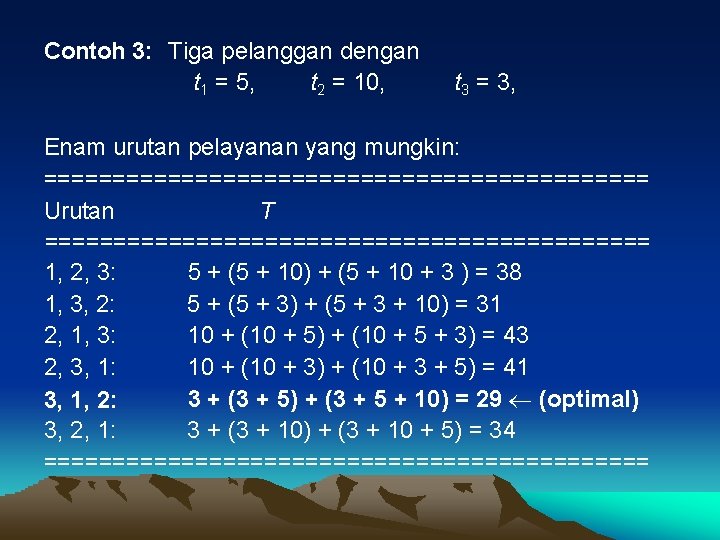 Contoh 3: Tiga pelanggan dengan t 1 = 5, t 2 = 10, t