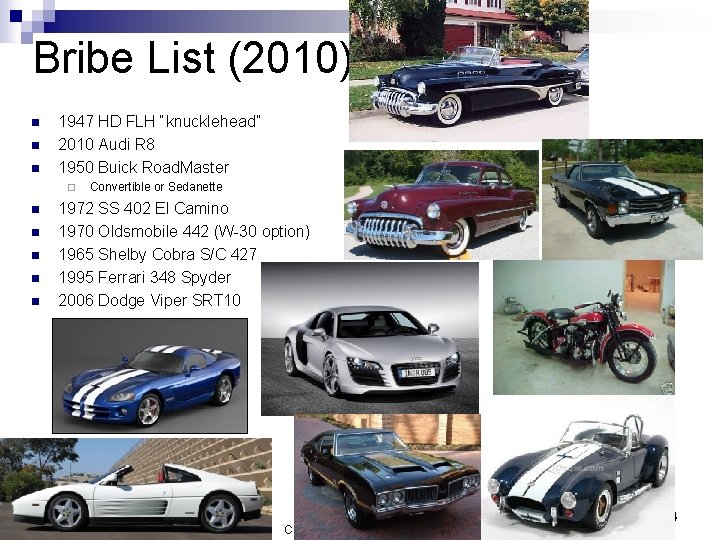 Bribe List (2010) n n n 1947 HD FLH “knucklehead” 2010 Audi R 8