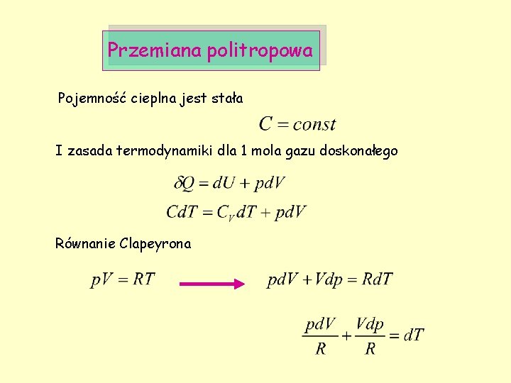 Przemiana politropowa Pojemność cieplna jest stała I zasada termodynamiki dla 1 mola gazu doskonałego