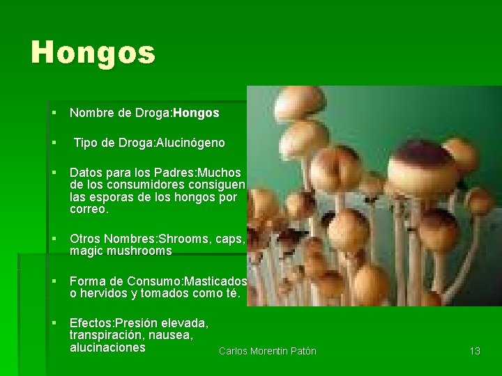 Hongos § Nombre de Droga: Hongos § Tipo de Droga: Alucinógeno § Datos para