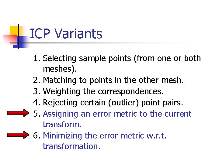 ICP Variants 1. Selecting sample points (from one or both meshes). 2. Matching to