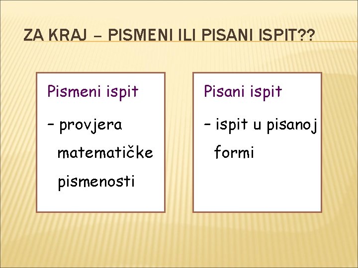 ZA KRAJ – PISMENI ILI PISANI ISPIT? ? Pismeni ispit Pisani ispit – provjera