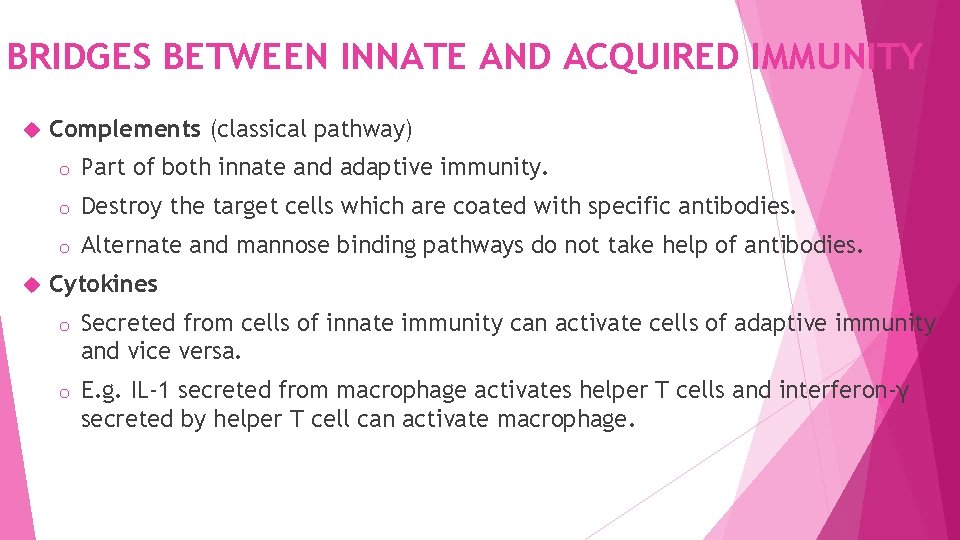 BRIDGES BETWEEN INNATE AND ACQUIRED IMMUNITY Complements (classical pathway) o Part of both innate