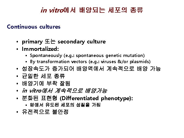 in vitro에서 배양되는 세포의 종류 Continuous cultures • primary 또는 secondary culture • Immortalized: