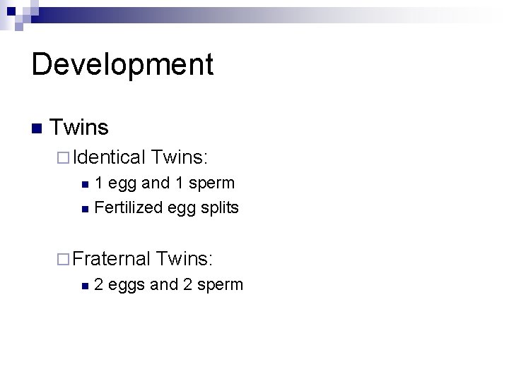 Development n Twins ¨ Identical Twins: 1 egg and 1 sperm n Fertilized egg