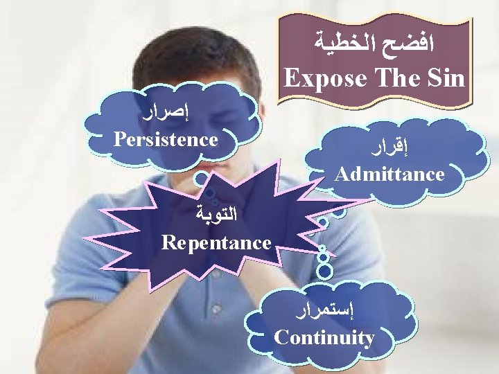  ﺍﻟﺨﻄﻴﺔ ﺍﻓﻀﺢ Expose The Sin ﺇﺻﺮﺍﺭ Persistence ﺇﻗﺮﺍﺭ Admittance ﺍﻟﺘﻮﺑﺔ Repentance ﺇﺳﺘﻤﺮﺍﺭ Continuity