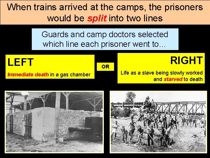 When trains arrived at the camps, the prisoners would be split into two lines
