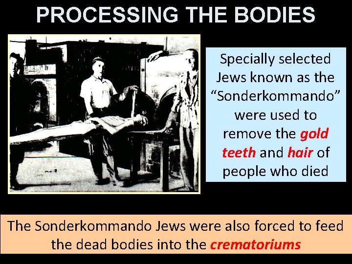 PROCESSING THE BODIES Specially selected Jews known as the “Sonderkommando” were used to remove