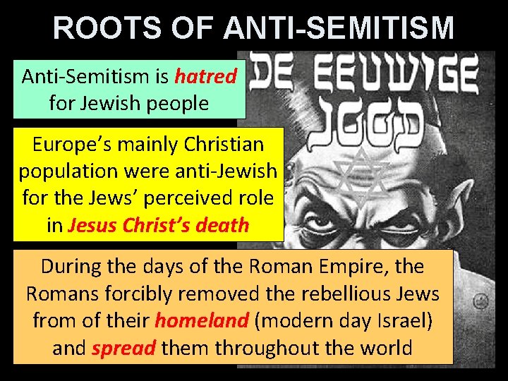 ROOTS OF ANTI-SEMITISM Anti-Semitism is hatred for Jewish people Europe’s mainly Christian population were