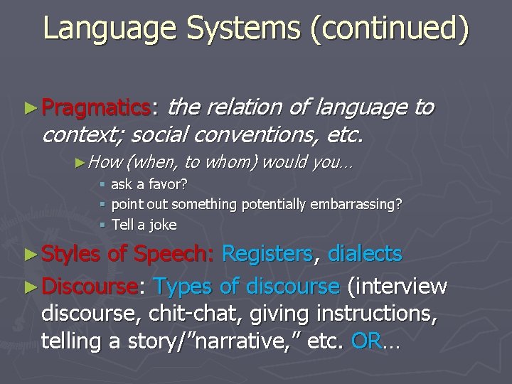 Language Systems (continued) the relation of language to context; social conventions, etc. ► Pragmatics: