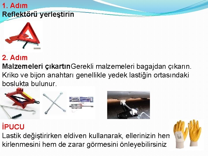 1. Adım Reflektörü yerleştirin 2. Adım Malzemeleri çıkartın. Gerekli malzemeleri bagajdan çıkarın. Kriko ve