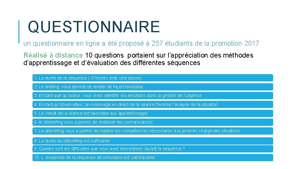 QUESTIONNAIRE un questionnaire en ligne a été proposé à 257 étudiants de la promotion QUESTIONNAIRE un questionnaire en ligne a été proposé à 257 étudiants de la promotion