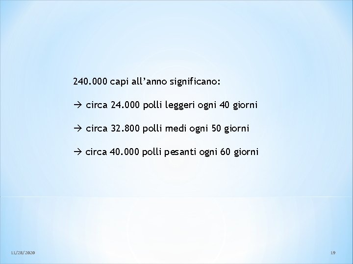 240. 000 capi all’anno significano: circa 24. 000 polli leggeri ogni 40 giorni circa 240. 000 capi all’anno significano: circa 24. 000 polli leggeri ogni 40 giorni circa
