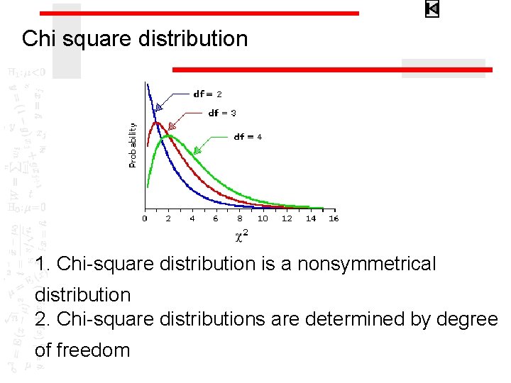 Chi square distribution 1. Chi-square distribution is a nonsymmetrical distribution 2. Chi-square distributions are