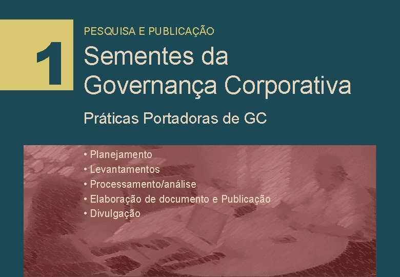 1 PESQUISA E PUBLICAÇÃO Sementes da Governança Corporativa Práticas Portadoras de GC • Planejamento