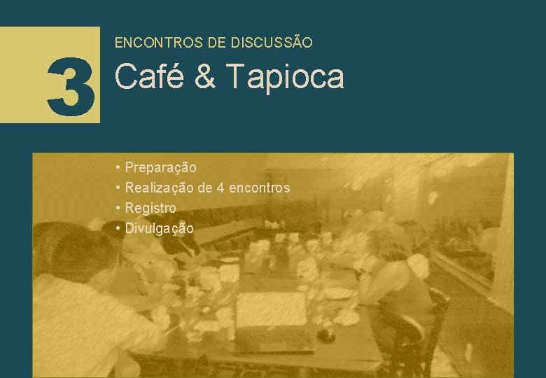 3 ENCONTROS DE DISCUSSÃO Café & Tapioca • Preparação • Realização de 4 encontros