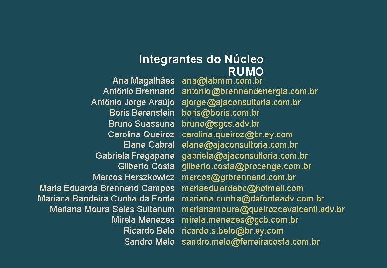 Integrantes do Núcleo RUMO Ana Magalhães Antônio Brennand Antônio Jorge Araújo Boris Berenstein Bruno
