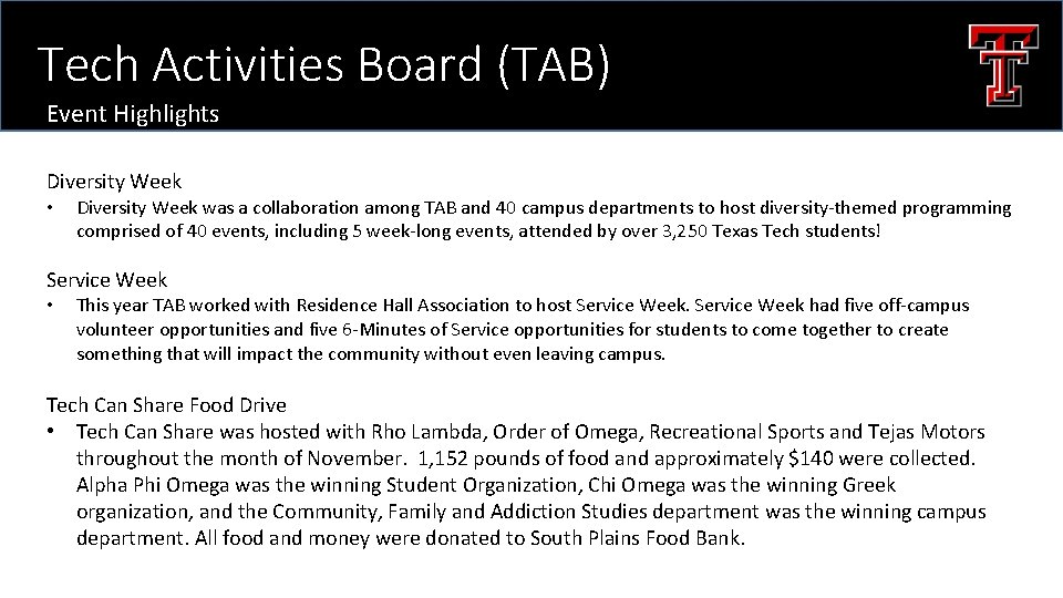 Tech Activities Board (TAB) Event Highlights Diversity Week • Diversity Week was a collaboration