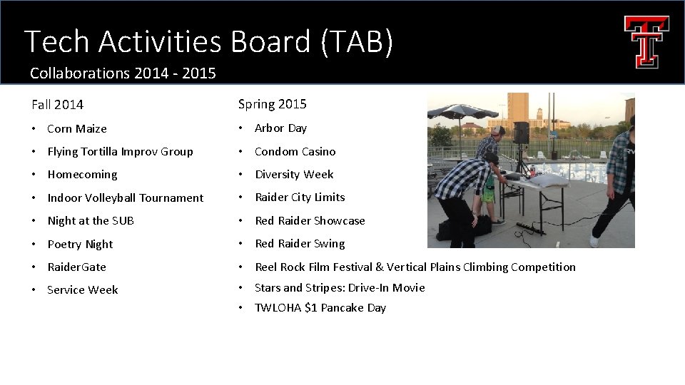 Tech Activities Board (TAB) Collaborations 2014 - 2015 Fall 2014 Spring 2015 • Corn