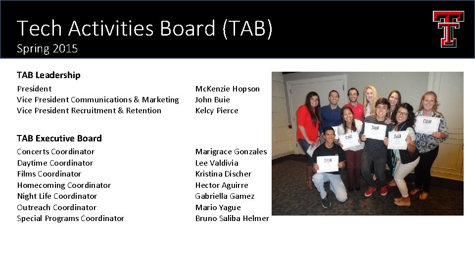 Tech Activities Board (TAB) Spring 2015 TAB Leadership President Vice President Communications & Marketing