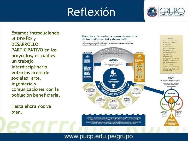 Reflexión Estamos introduciendo el DISEÑO y DESARROLLO PARTICIPATIVO en los proyectos, el cual es