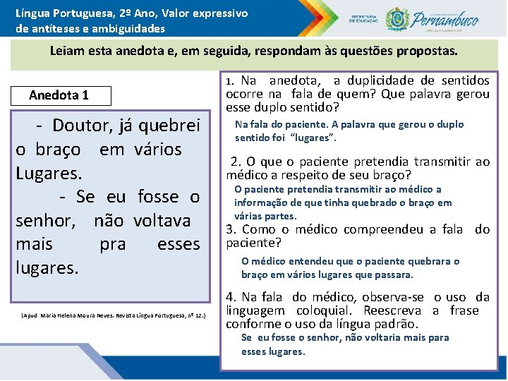 Língua Portuguesa, 2º Ano, Valor expressivo de antíteses e ambiguidades Leiam esta anedota e,