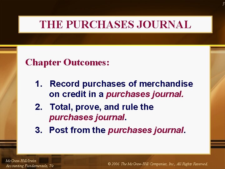 3 THE PURCHASES JOURNAL Chapter Outcomes: 1. Record purchases of merchandise on credit in