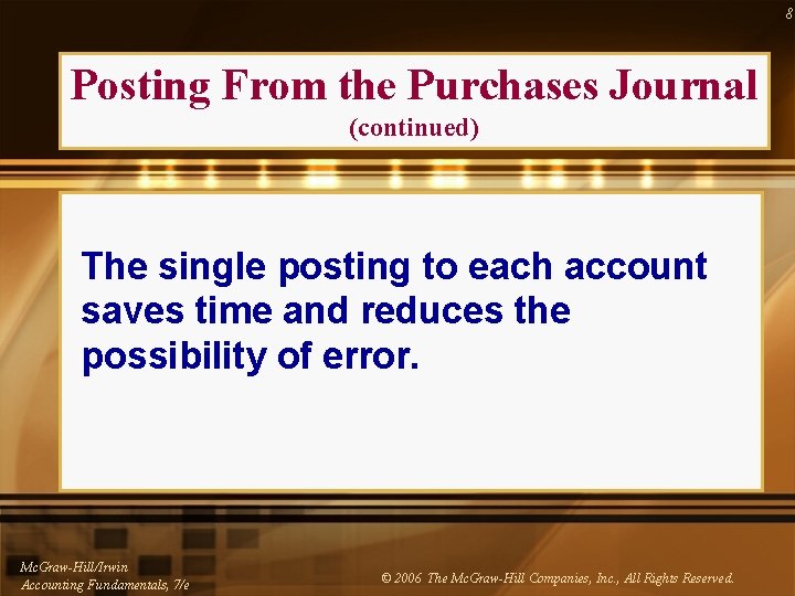 8 Posting From the Purchases Journal (continued) The single posting to each account saves