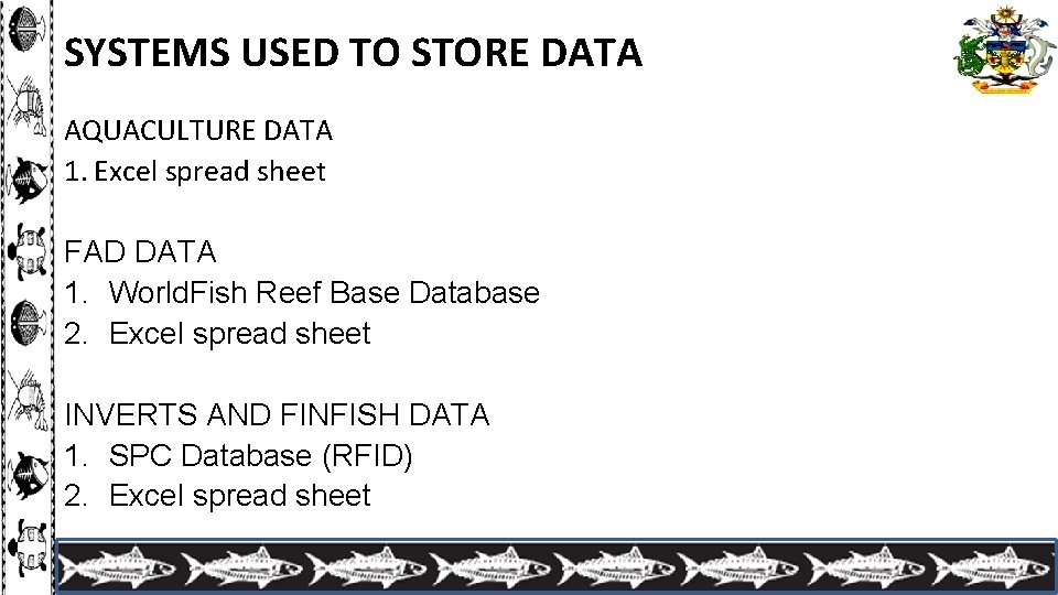 SYSTEMS USED TO STORE DATA AQUACULTURE DATA 1. Excel spread sheet FAD DATA 1.