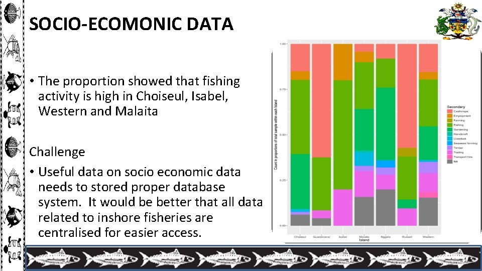 SOCIO-ECOMONIC DATA • The proportion showed that fishing activity is high in Choiseul, Isabel,