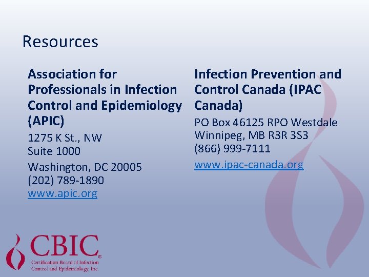 Resources Association for Professionals in Infection Control and Epidemiology (APIC) 1275 K St. ,