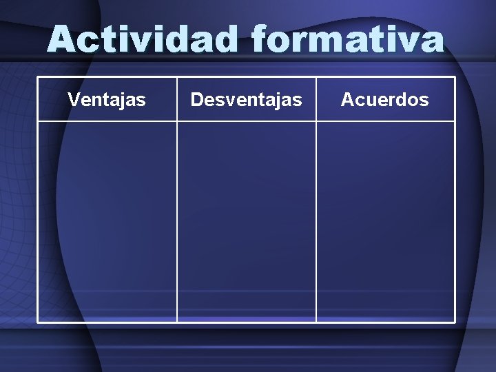 Actividad formativa Ventajas Desventajas Acuerdos Actividad formativa Ventajas Desventajas Acuerdos