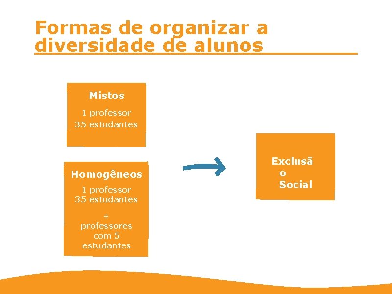Formas de organizar a diversidade de alunos Mistos 1 professor 35 estudantes Homogêneos 1 Formas de organizar a diversidade de alunos Mistos 1 professor 35 estudantes Homogêneos 1