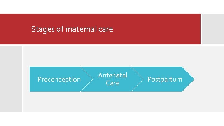 Stages of maternal care Preconception Antenatal Care Postpartum 