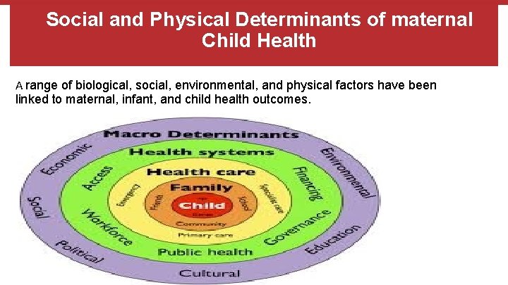 Social and Physical Determinants of maternal Child Health A range of biological, social, environmental,