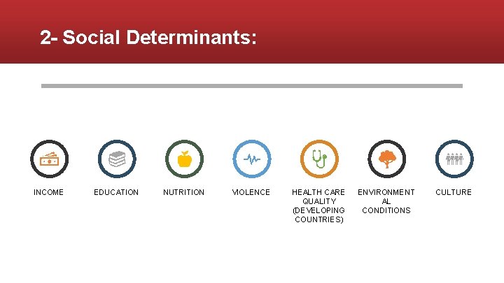 2 - Social Determinants: INCOME EDUCATION NUTRITION VIOLENCE HEALTH CARE QUALITY (DEVELOPING COUNTRIES) ENVIRONMENT