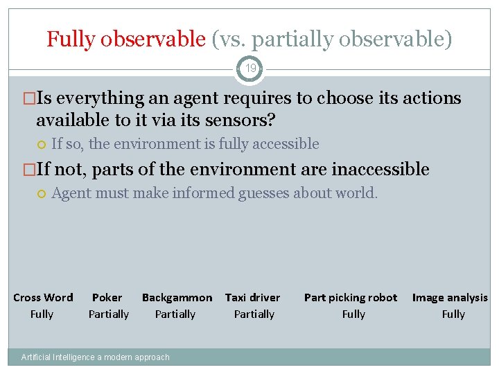 Fully observable (vs. partially observable) 19 �Is everything an agent requires to choose its