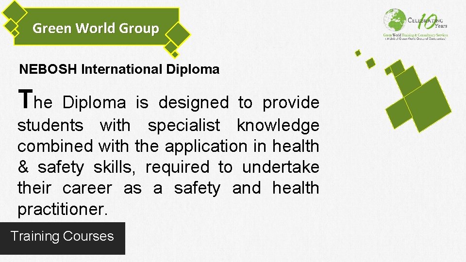 Green World Group NEBOSH International Diploma The Diploma is designed to provide students with