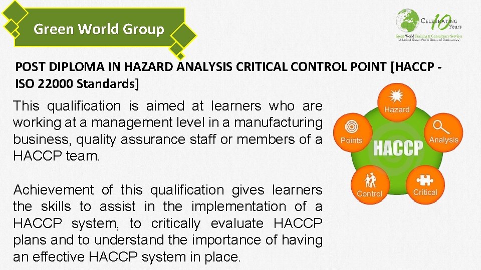 Green World Group POST DIPLOMA IN HAZARD ANALYSIS CRITICAL CONTROL POINT [HACCP ISO 22000