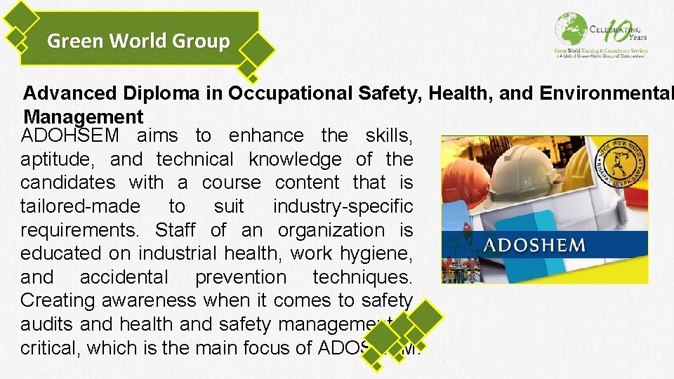 Green World Group Advanced Diploma in Occupational Safety, Health, and Environmental Management ADOHSEM aims