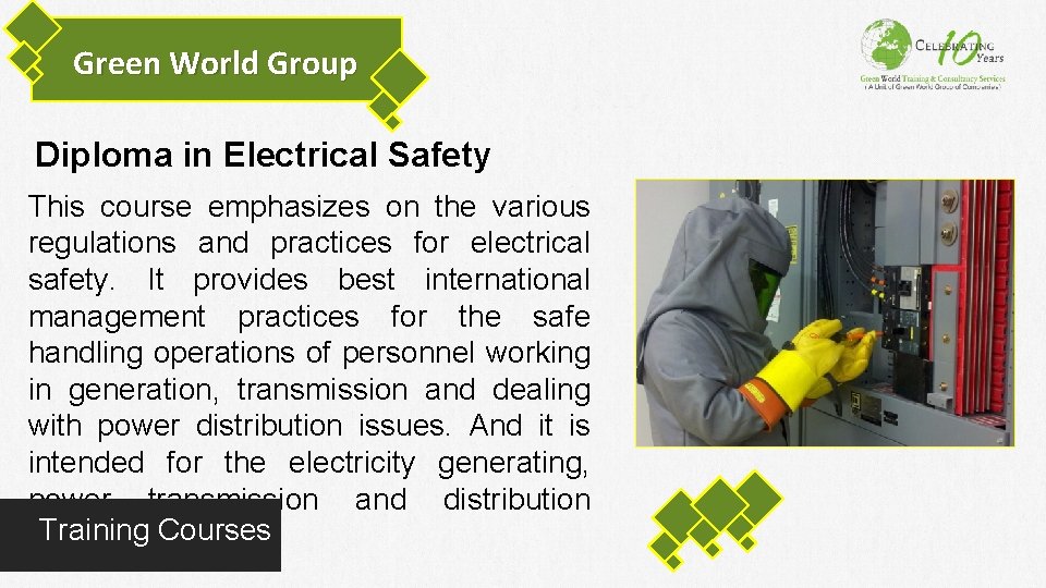 Green World Group Diploma in Electrical Safety This course emphasizes on the various regulations