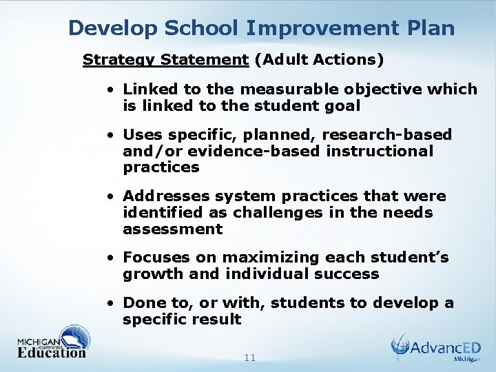 Develop School Improvement Plan Strategy Statement (Adult Actions) • Linked to the measurable objective