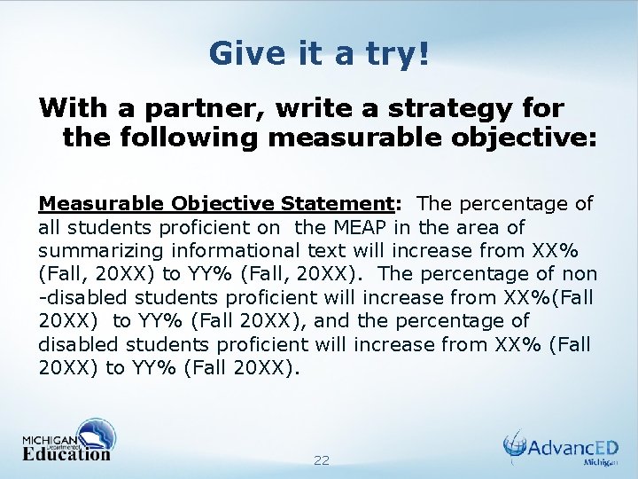 Give it a try! With a partner, write a strategy for the following measurable