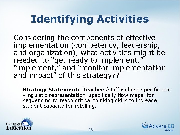 Identifying Activities Considering the components of effective implementation (competency, leadership, and organization), what activities