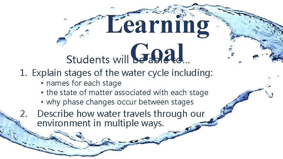 Learning Goal Students will be able to… 1. Explain stages of the water cycle