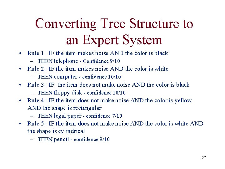 Converting Tree Structure to an Expert System • Rule 1: IF the item makes Converting Tree Structure to an Expert System • Rule 1: IF the item makes